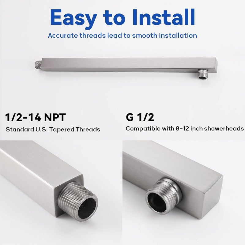 Aqua Access 16 Inch Rain Shower Head Extension Arm with Flange, Brushed Nickel, Made of SUS 304 Stainless Steel, Square Shower Arm Wall Mounted, Rainfall Shower Arm for Morden Bathroom - Image 4